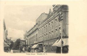 c1905 Lithograph Postcard; Fulton Street, Waverly NY Clock Tower & Trolley