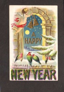 A Happy New Year Greetings Postcard Birds Snow Moon Cupid Bells