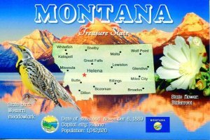 MONTANA Map Postcard - The Treasure State -  State Symbols