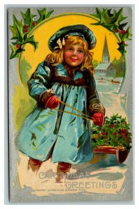 Vintage 1910's Christmas Postcard Cute Girl Blue Overcoat & Cap Sled Mistletoe