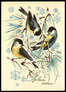 1970 Birds Titmouse on Christmas Tree by Razgovorov Russian Unposted postcard