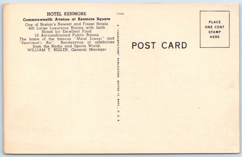 c1940s Boston, Mass. Hotel Kenmore Commonwealth Ave. Square Bigler Linen MA A207