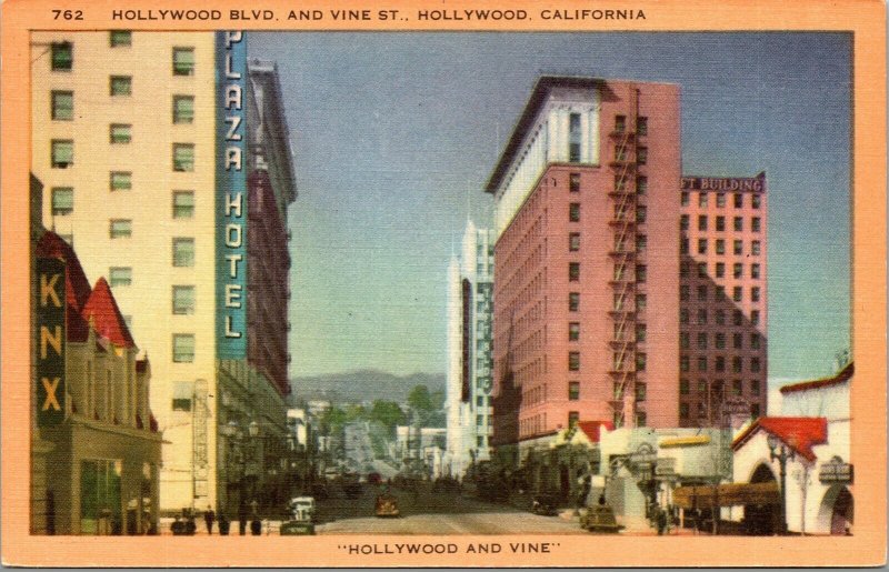 Vtg Hollywood Boulevard & Vine Street View California CA 1930s Linen Postcard