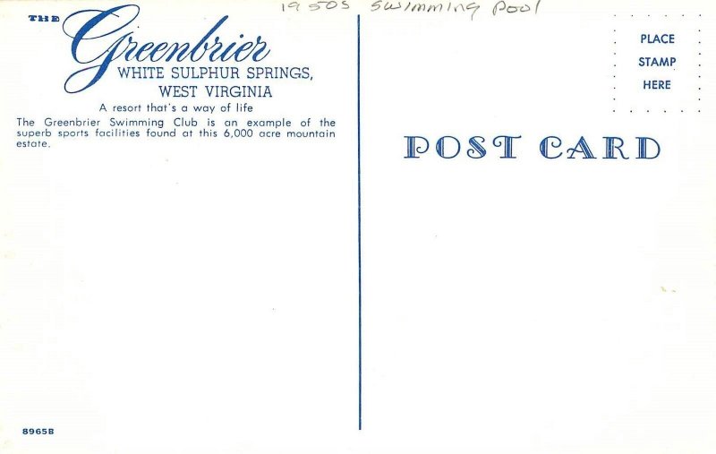 Postcard 1950s West Virginia White Sulphur Springs Greenbrier Swimming WV24-2464