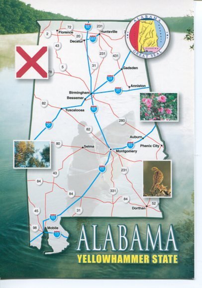 ALABAMA - YELLOWHAMMER STATE -MAP POSTCARD [9067]