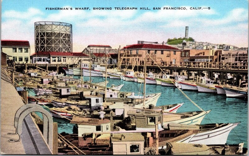 Telegraph Hill Fishermans Wharf Boats Pier San Francisco California CA Postcard 