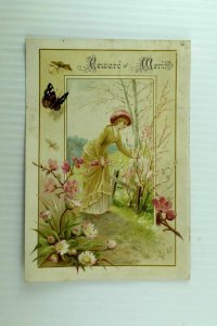 1880's-90's Large Victorian Card Lovely Lady Pink Blossoms Butterfly #N