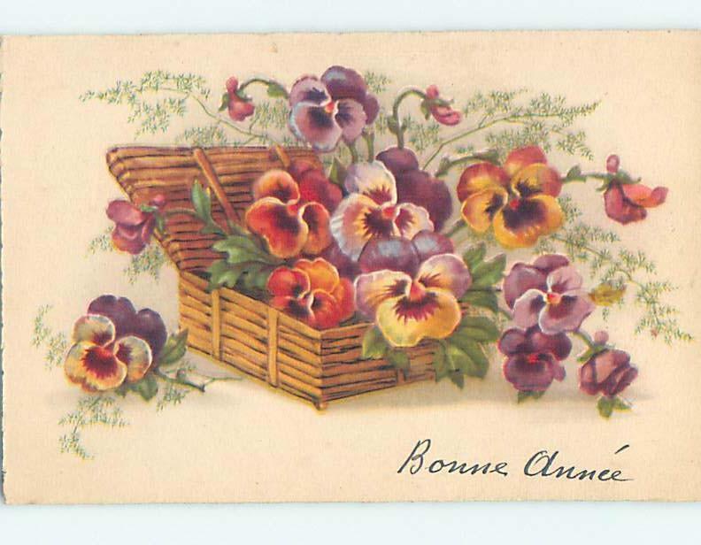 1948 foreign BEAUTIFUL PANSY FLOWERS IN WICKER BASKET HL7532