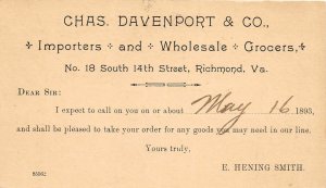 H48/ Richmond Virginia Postcard 1893 Chas. Davenport & Co Importers Hening