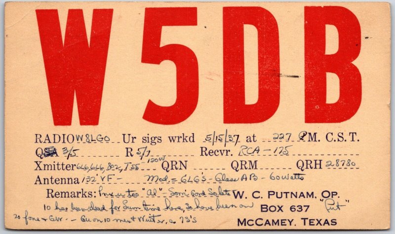 1937 QSL Radio Card Code W5DB McCamey Texas Amateur Station Posted Postcard