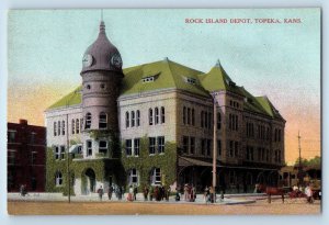 c1910's Rock Island Depot Building Clock Tower People Topeka Kansas KS Postcard