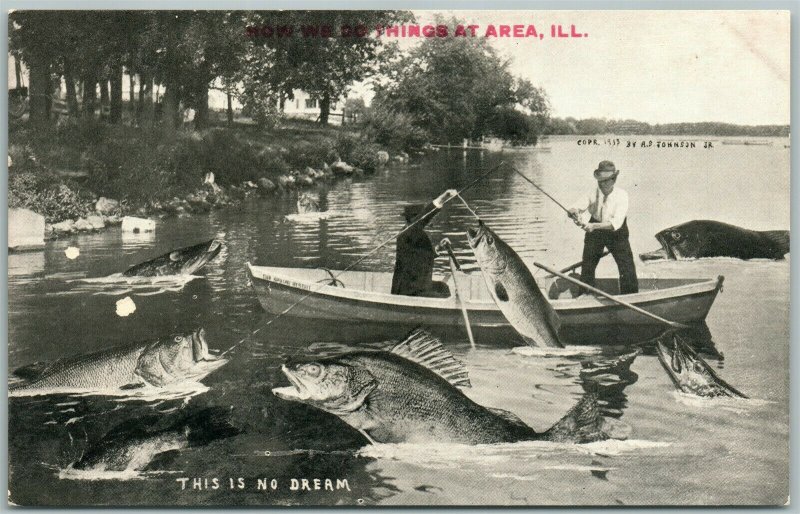 AREA ILL FISHING EXAGGERATED ANTIQUE POSTCARD