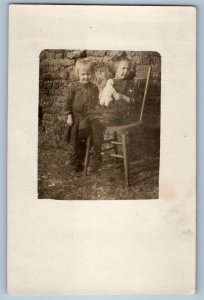 c1910's Girls With Doll Toy Sitting In Front Of Sod House RPPC Photo Postcard