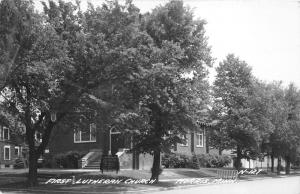 Morris Minnesota~1st Lutheran Church~Church Sign in Front~Lots of Trees~'51 RPPC