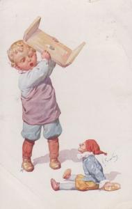 Child Smashing Punch & Judy Puppet Toy Disaster Violent Antique Postcard