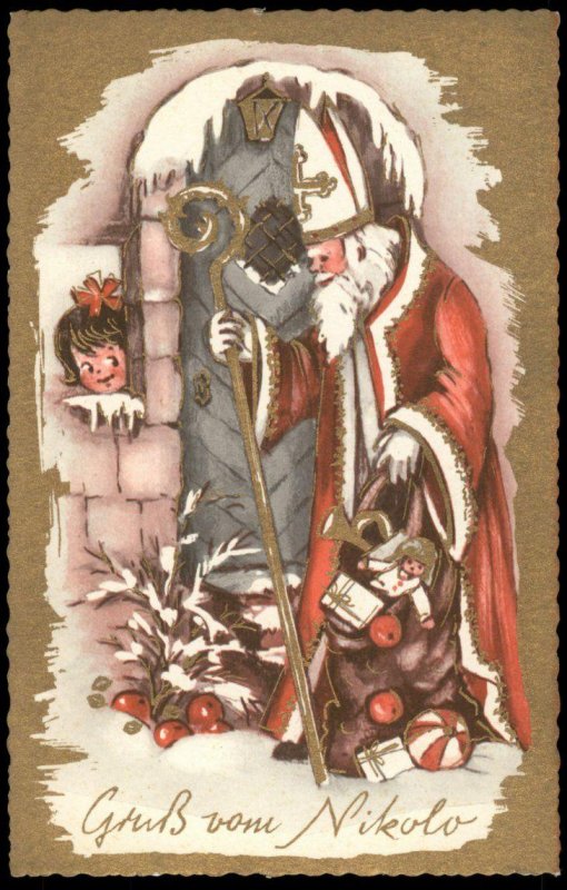 Austria 1960s Classic St Nicholas Nikolo Santa Claus Christmas Card UNUSE G95422