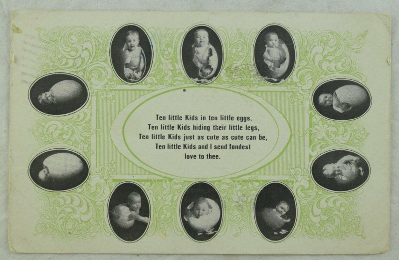 C.1910 Ten Little Kids In Little Eggs Vintage Cute Children Poem Postcard F14