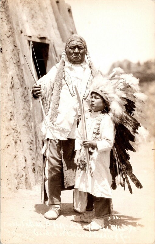 Indian Garden Gods Hunter Bow Headdress Colorado Pueblo Child RPPC Postcard Vtg 