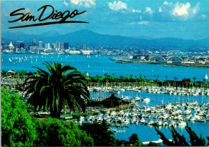 San Diego CA City Aerial View Boat Dock Postcard unused (19815)