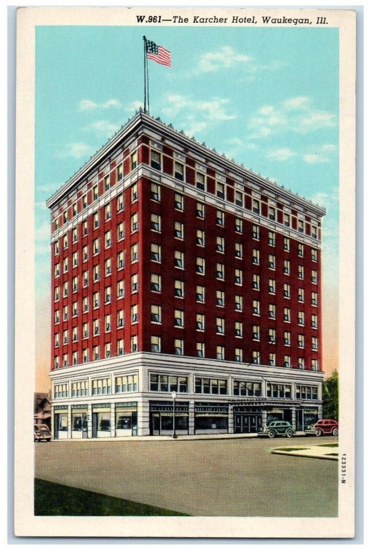 c1940 Exterior View Karcher Hotel Building Waukegan Illinois IL Vintage Postcard