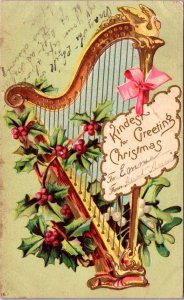 Kindest Christmas Greetings With Gold Harp