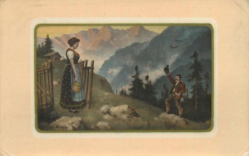 Ethnic folk outfit Romantic Couple mountain scenery artist signed Postcard