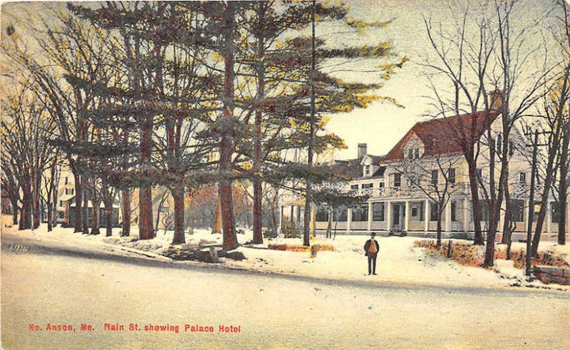 North Anson ME Main Street Palace Hotel Snow Scene in 1911 Postcard