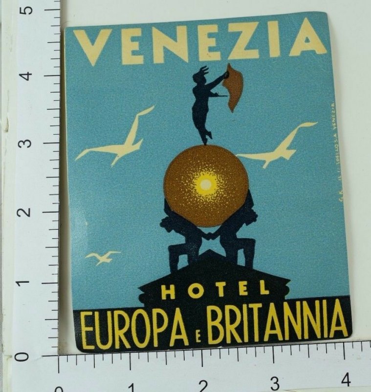 C. 1920's Poster Stamp Luggage Label Venezia Hotel Europa E Britannia E6