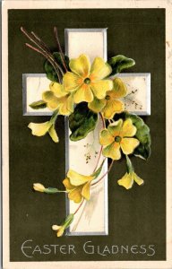 Vtg 1910s Easter Gladness Silver Gilt Cross Yellow Flowers Embossed Postcard