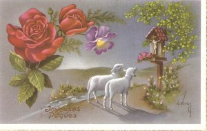 C. Vives. Lambs in mountain shrine. Roses Lovely vintage French Postcard