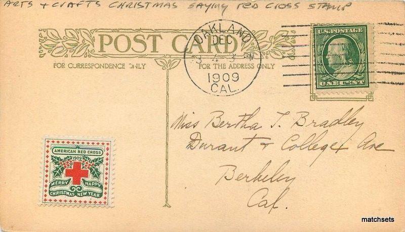 1909 Arts Crafts Christmas Saying Red Cross Stamp postcard 687