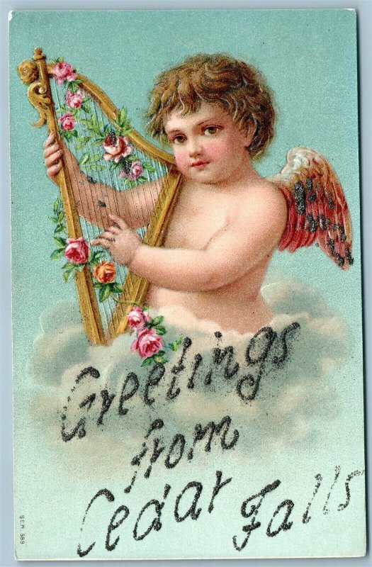 CEDAR FALLS IA GREETINGS ANGEL PLAYING HARP ANTIQUE POSTCARD