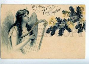 202839 Winged ANGEL w/ HARP Vintage X-MAS Christmas postcard