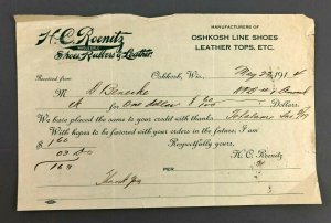 1914 HC Roenitz Shoes Rubbers Leather Oshkosh WI Receipt Invoice Bill Denmark