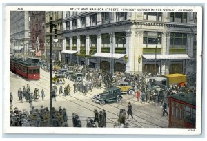 c1930 State Madison Streets Busiest Corner Streetcars Chicago Illinois Postcard