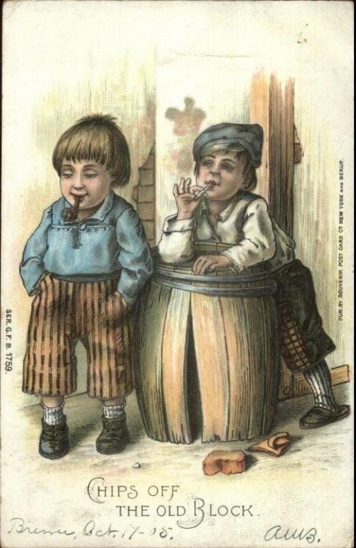 Chips Off The Old Block - Boys Smoking Pipe & Cigarette c1910 Postcard