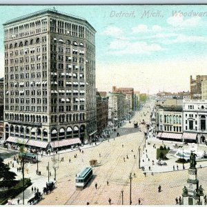 1907 Detroit, Mich Woodward Ave Birds Eye Litho Photo Postcard Main Downtown A35