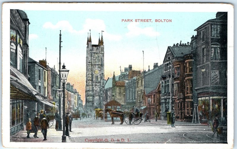c1910s Park Street, Bolton, England Postcard Church Tower Clock Carriage A376