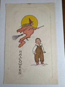 H12/ Halloween Postcard c1910 Flying Witch Broom Child Moon 10