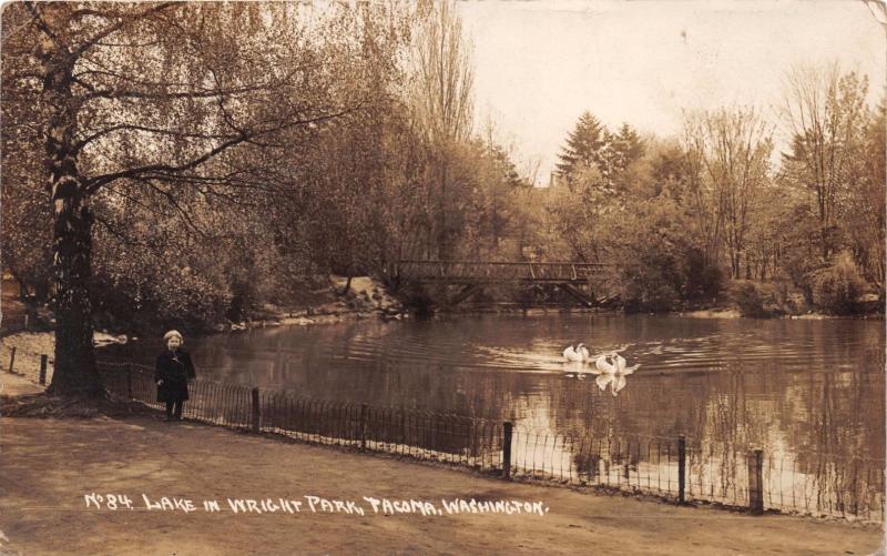 TACOMA WASHINGTON LAKE IN WRIGHT PARK~YOUNG GIRL~SWANS~REAL PHOTO POSTCARD 1910s 