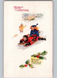 c1915 Cute Kids Children Sledding Merry Christmas Embossed Postcard