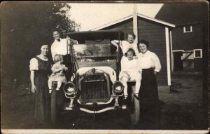 Family & Early Car Auto Crank Visible Iowa License Plate Real Photo Postcard