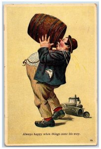 1909 Drunk Fat Man Drinking Keg Bridgeport Connecticut CT Antique Postcard