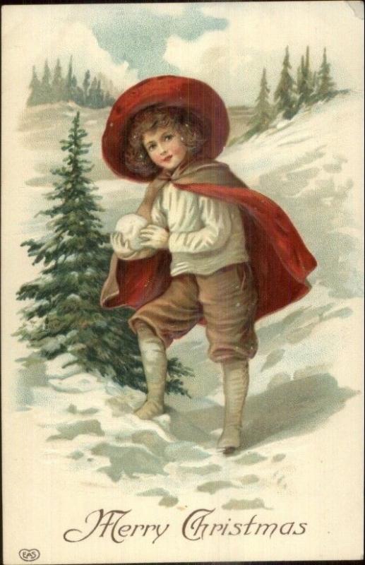 Christmas - Boy Fancy Clothes Making Snowball c1910 Embossed Postcard