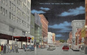 Street Scene SAN DIEGO, CA Fifth Avenue Night View 1951 Vintage Postcard