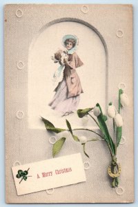 Christmas Postcard Pretty Girl And Flowers Mistletoe Horseshoe Schenectady NY