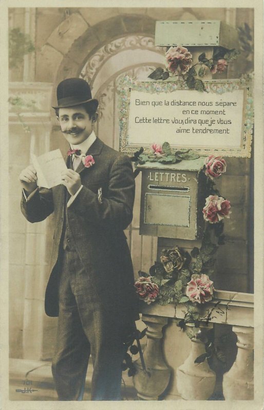 Postcard elegant suit moustache sending letter letterbox gentleman hat bow tie