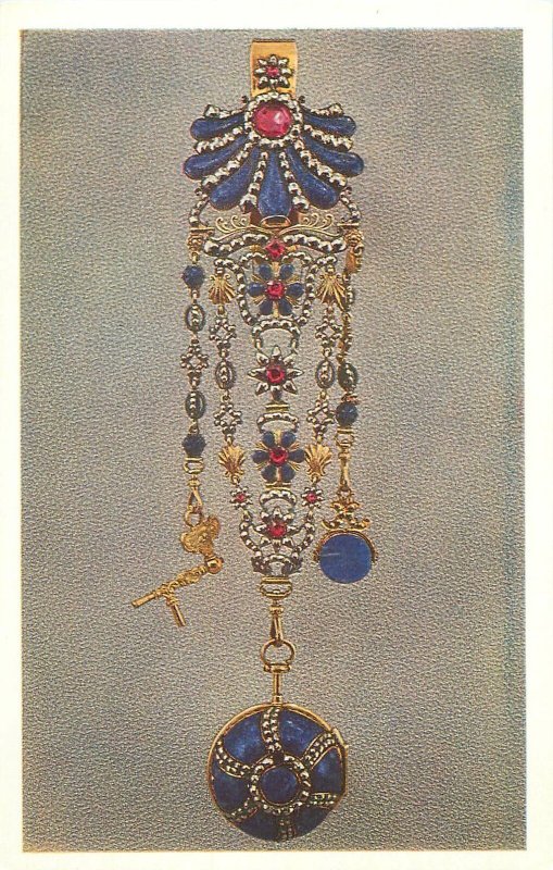 Postcard art jewelry antique turnip watch on a chatelaine london gold lapis