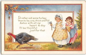 THANKSGIVING Girls & Turkey 1917 Whitney Made Antique Greetings Postcard