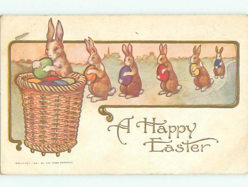 Pre-Linen easter LINE OF BUNNY RABBITS CARRYING COLORED EGGS k2969